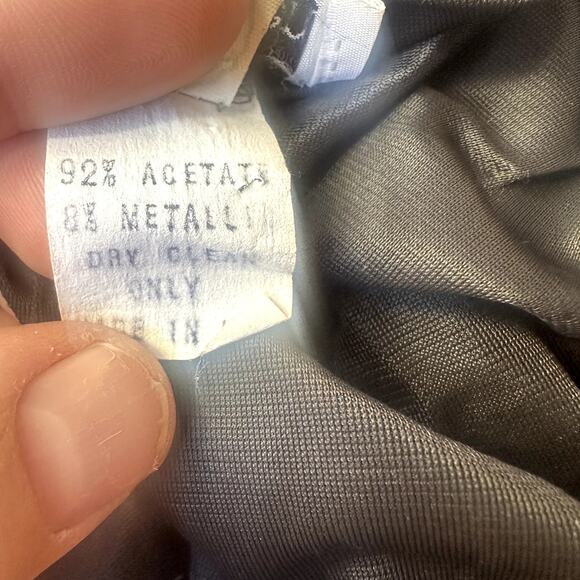 Vintage 80s Ruched Black Gold Metallic Mini Dress Long Sleeve Sheath Size 7 8 - Picture 9 of 12